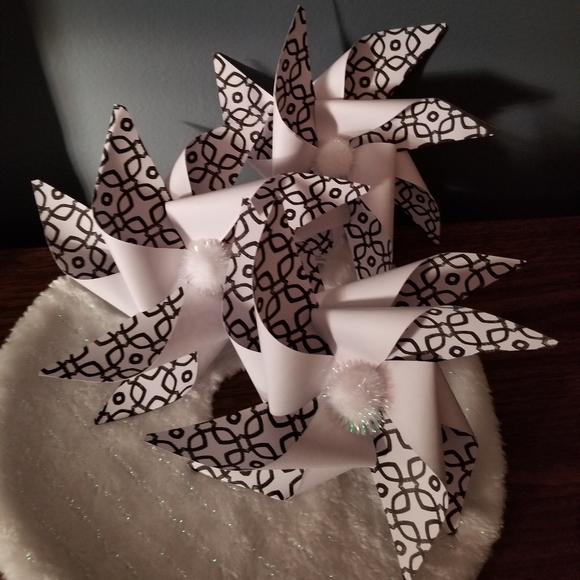 Hand Crafted Other - Bundle of (3) Handmade pinwheels in black and white w/white shimmer pom poms